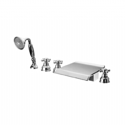 Batteria bordo vasca cinque fori con bocca a cascata e kit doccia Papiro
